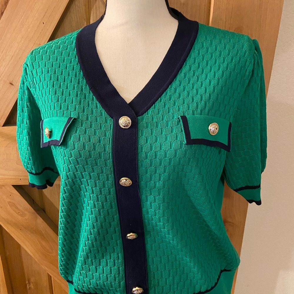 Nanette Lepore Green Button Down Short Sleeve Top